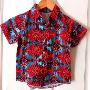New 3T button front shirt, short sleeve, polyester blend, red and blues